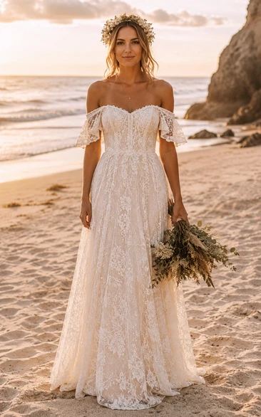 Boho Beach Summer A-Line Wedding Dress Off Shoulder Sweetheart Tulle Lace Floor Length Sweep Train Ivory