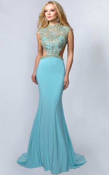 Sheath Maxi High Neck Sleeveless Jersey Backless Dress With Beading