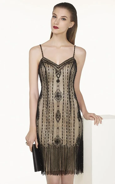 Beaded Spaghetti Straps Short Prom Dress With Fringe And Back Criss Cross Straps