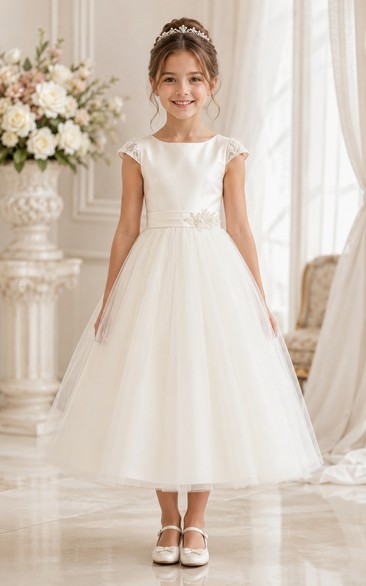 Simple Tea-length Cap Sleeve Tulle Flower Girl Dress with Bow