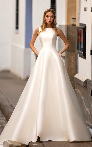 Satin Sheer A-line Ball Gown Wedding Dress with Illusion Back
