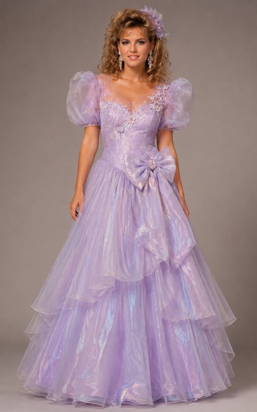 Ball Gown Prom Dress with V-neck, Short Sleeve and Ruffles Tiers, Floor Length