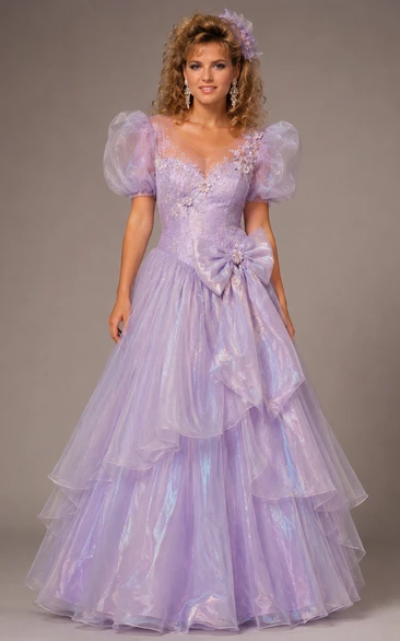 Ball Gown Prom Dress with V-neck, Short Sleeve and Ruffles Tiers, Floor Length