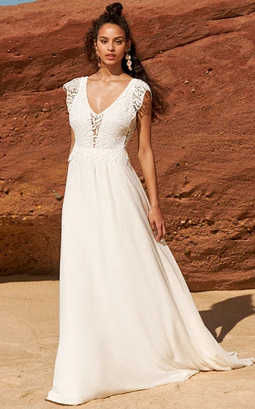 Casual V-neck Cap Chiffon Wedding Dress with Low-v Back and Lace Top