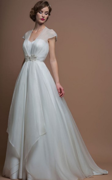 V-Neck Long Jeweled Cap-Sleeve Organza Modest Wedding Dress With Sweep Train And Illusion