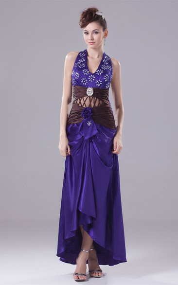 Sleeveless Ruched High-Low Rhinestone and Dress With Flower
