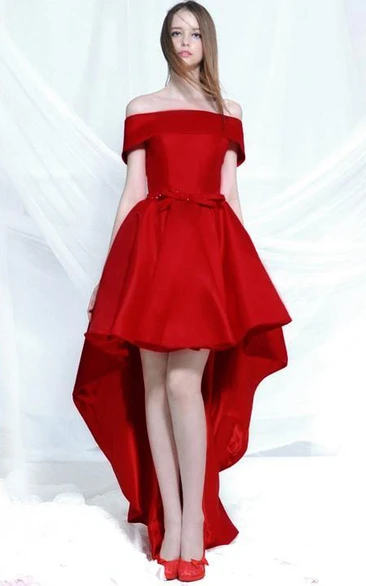 Off the Shoulder Bowknot Beading Asymmetry Prom Dress