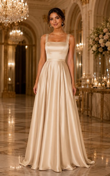Champagne Square Neck Satin A-Line Bridesmaid Dress
