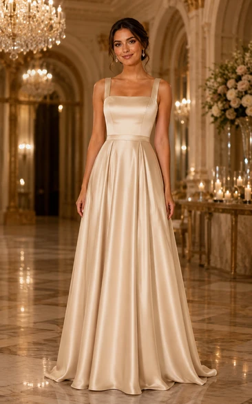 Champagne Square Neck Satin A-Line Bridesmaid Dress