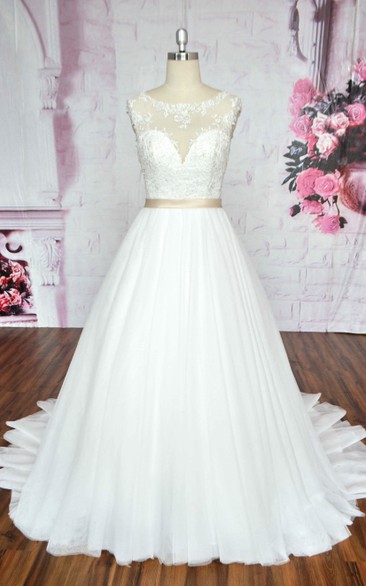 Sleeveless A-line Ballgown Tulle Wedding Dress Styles With Illusion Neckline And Deep V-back