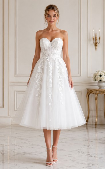 White Strapless Floral Applique Tea-Length Tulle Wedding Dress