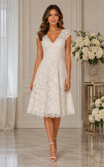 Ivory Lace V-Neck Tea-Length Wedding Dress with Bow Back