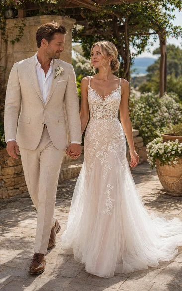 Sheath V-neck Sleeveless Court Train Organza Lace Wedding Dress with Appliques and Spaghetti Straps