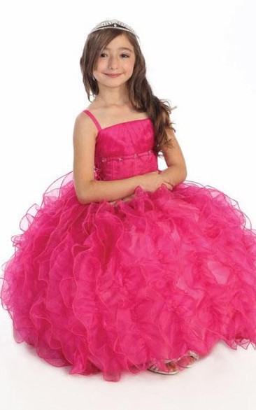 Spaghetti Long Tiered Ruffled Lace&Organza Flower Girl Dress