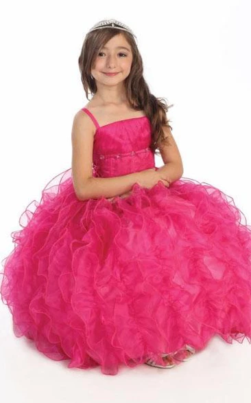 Spaghetti Long Tiered Ruffled Lace&Organza Flower Girl Dress