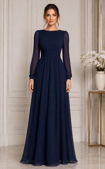 Dark Navy Long Sleeve Chiffon A-Line Formal Dress