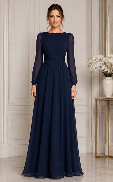 Dark Navy Long Sleeve Chiffon A-Line Formal Dress