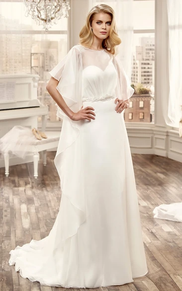 Ruching Chiffon Wedding Dress With Open Back And Brush Train