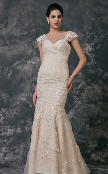 Lace Sweetheart Mermaid Gown With Removable Cap Sleeves
