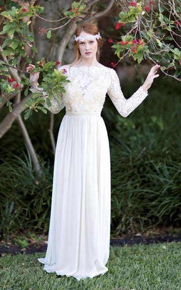 Long Sleeve Chiffon Dress With Lace Bodice and Open Back
