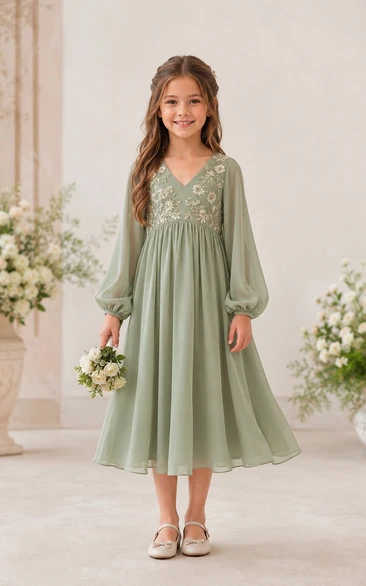 V-neck Sage Chiffon Flower Girl Dress with Long Puff Sleeves