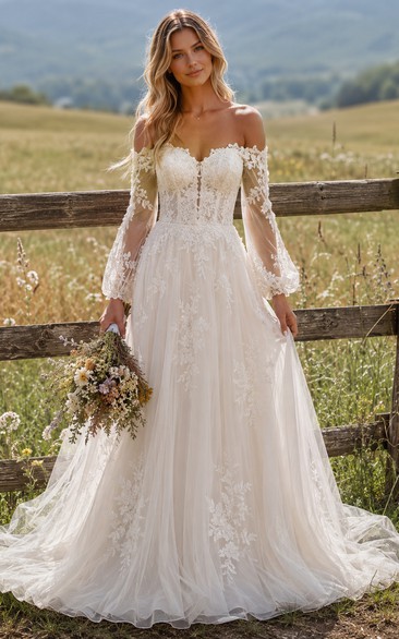 Country Boho Wedding Dress with Off-Shoulder Lace Sleeves, A-Line Tulle Skirt & Chapel Train