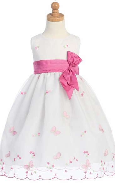 Tea-Length Embroideried Bowed Organza&Taffeta Flower Girl Dress With Split