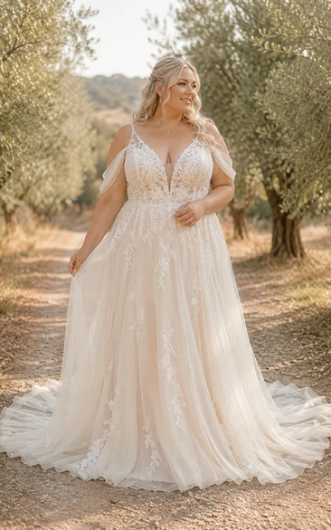 Plus Size Spaghetti-Träger-Brautkleid in A-Linie aus Spitze mit V-Ausschnitt am Rücken