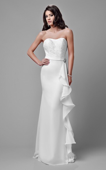 Lace Bodice Sheath Chiffon Wedding Dress Featuring Draped Ruffles