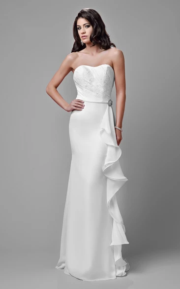 Lace Bodice Sheath Chiffon Wedding Dress Featuring Draped Ruffles