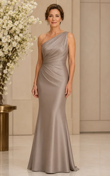 Taupe One-Shoulder Satin Mermaid Mother of the Bride Dress