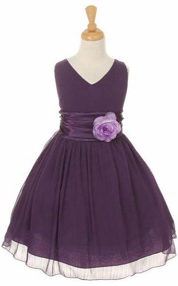 Knee-Length V-Neck Tiered Chiffon&Satin Flower Girl Dress