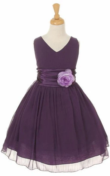 Knee-Length V-Neck Tiered Chiffon&Satin Flower Girl Dress