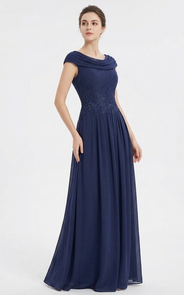 Draped Cowl Neck Evening Gown with Lace Trim