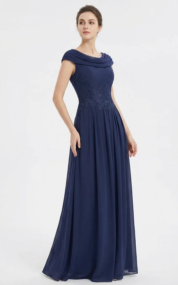 Draped Cowl Neck Evening Gown with Lace Trim