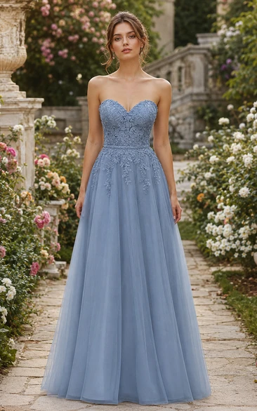 Garden Slate Blue Strapless Lace Tulle A-Line Formal Attire