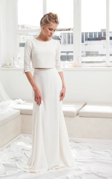 Simple Chiffon Two Piece Bridal Separates Gown With Sweep/Brush Train