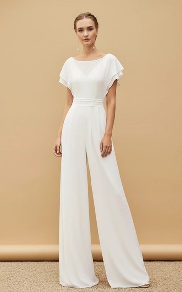 Modest Boat Neck White Jumpsuit with Layered Cape Sleeves & Palazzo