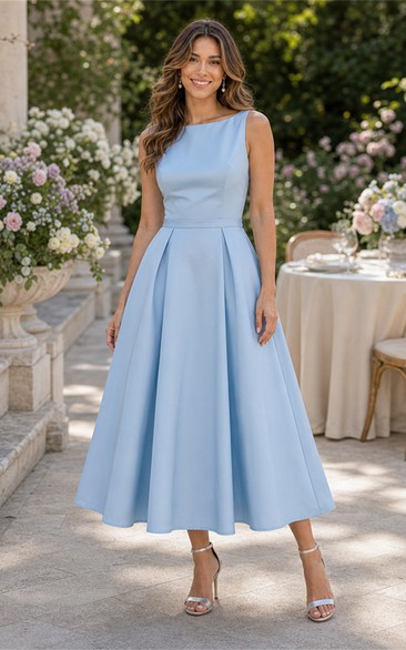Sky Blue Jewel Neck Satin A-Line Tea Dress
