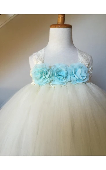 Halter Floral Empire Bodice Tulle Ball Gown With Back Bow