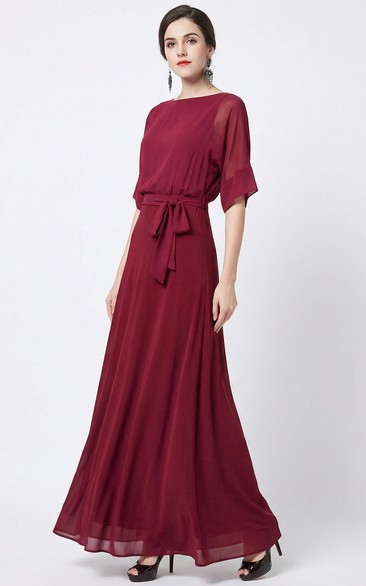 Bateau Neck Half Sleeve Pleated Chiffon Dress
