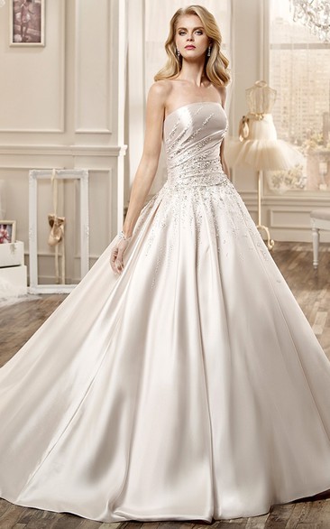 Strapless Satin Long Wedding Dress With Beading Embellishment And Chapel Train