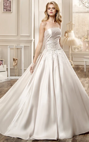 Strapless Satin Long Wedding Dress With Beading Embellishment And Chapel Train