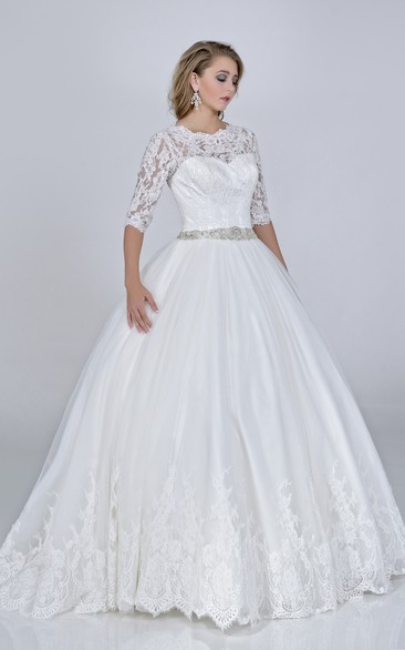 Half Sleeve Lace And Satin Ball Gown With Crystal Detailed Waist