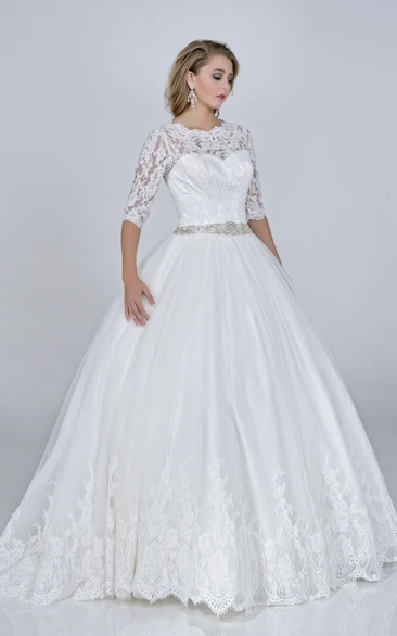 Half Sleeve Lace And Satin Ball Gown With Crystal Detailed Waist