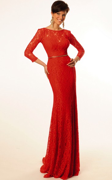 Sheath Floor-Length Scoop-Neck Long-Sleeve Jeweled Lace Prom Dress With Bow