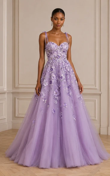 Tulle Prom Dress in Lavender, Spaghetti Strap, Sweetheart Ball Gown Floor-Length Gown with Flower and Appliques