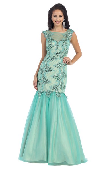 Mermaid Floor-Length Bateau Illusion Dress With Appliques And Sequins