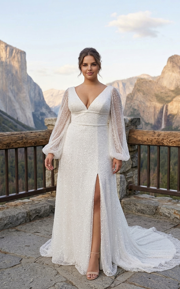 Plus Size Sparkle Long Sleeve Wedding Dress with V-Neck and Front Split