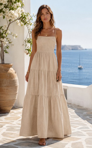 Champagne Tiered Spaghetti Strap Ankle-Length Dress